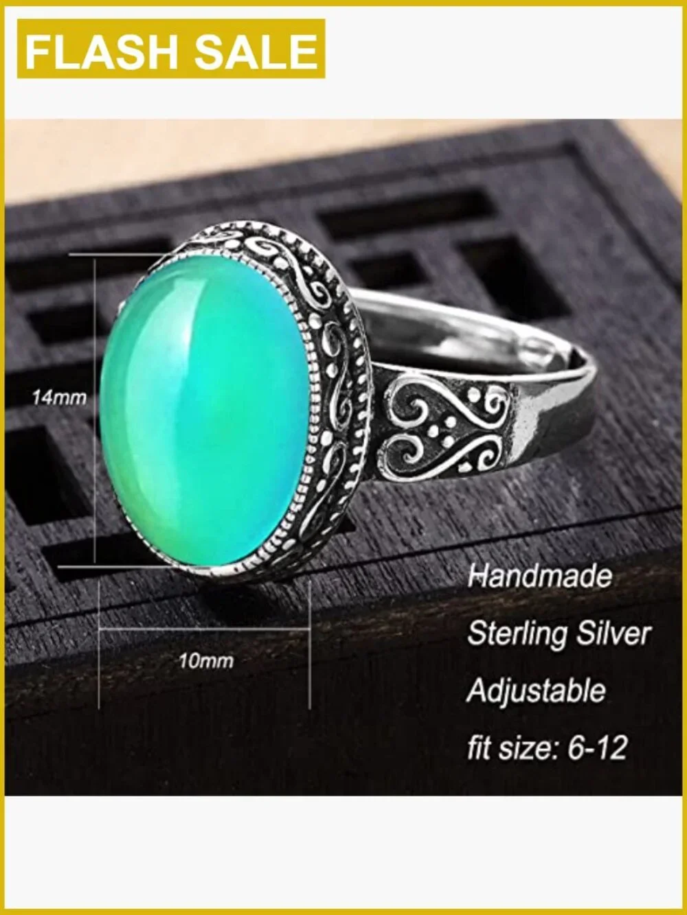 Sterling Silver Adjustable Color Changing Mood Ring Statement Jewelry